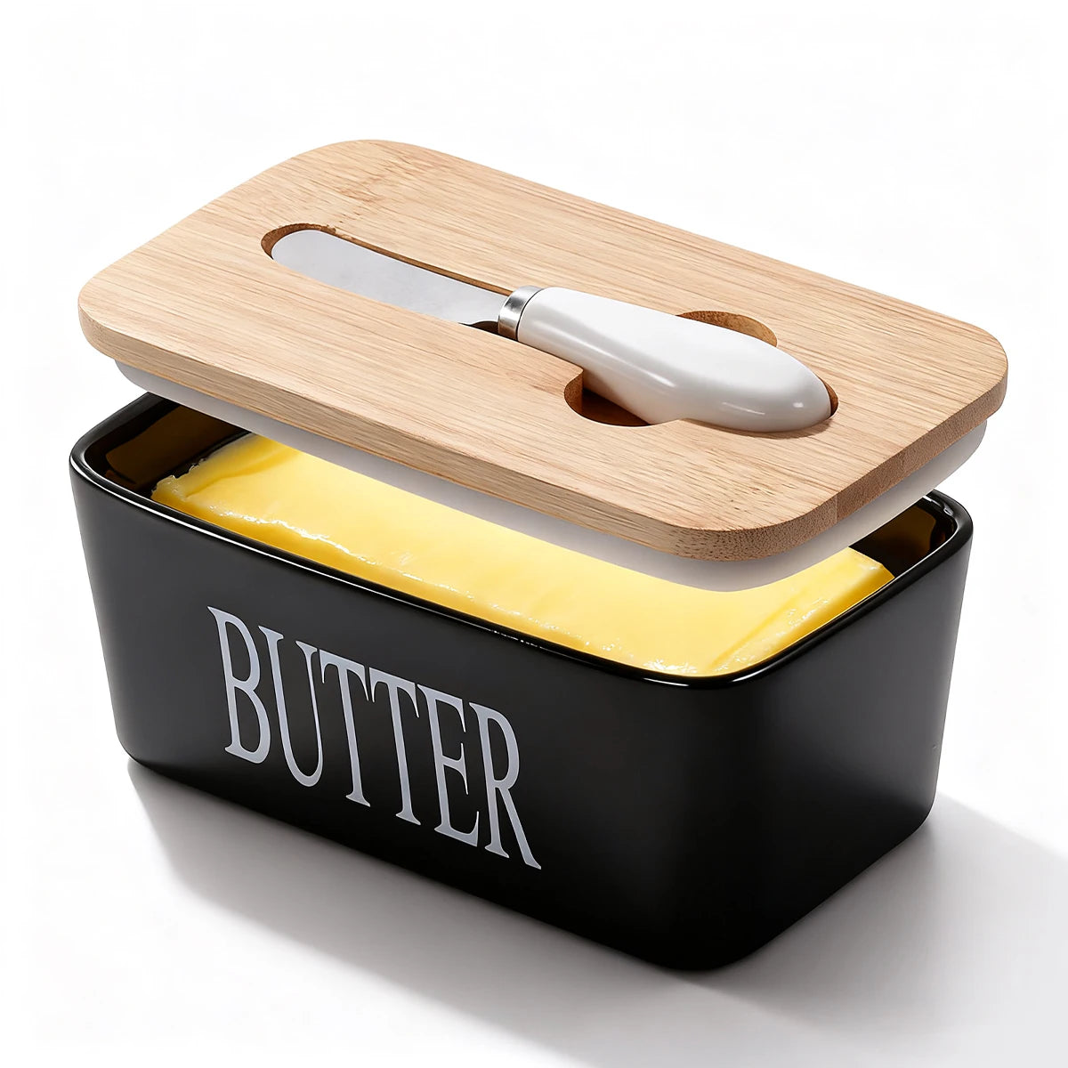 Ceramic Butter Dish Set With Bamboo Lid And Knife