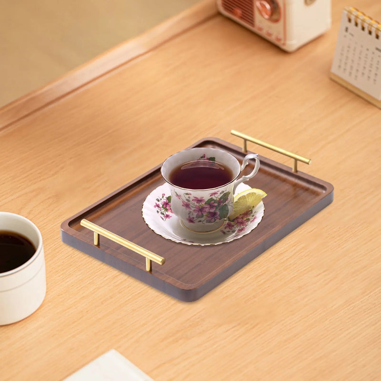 Wooden Serving Tray with Metal Handles for Tea and Snacks