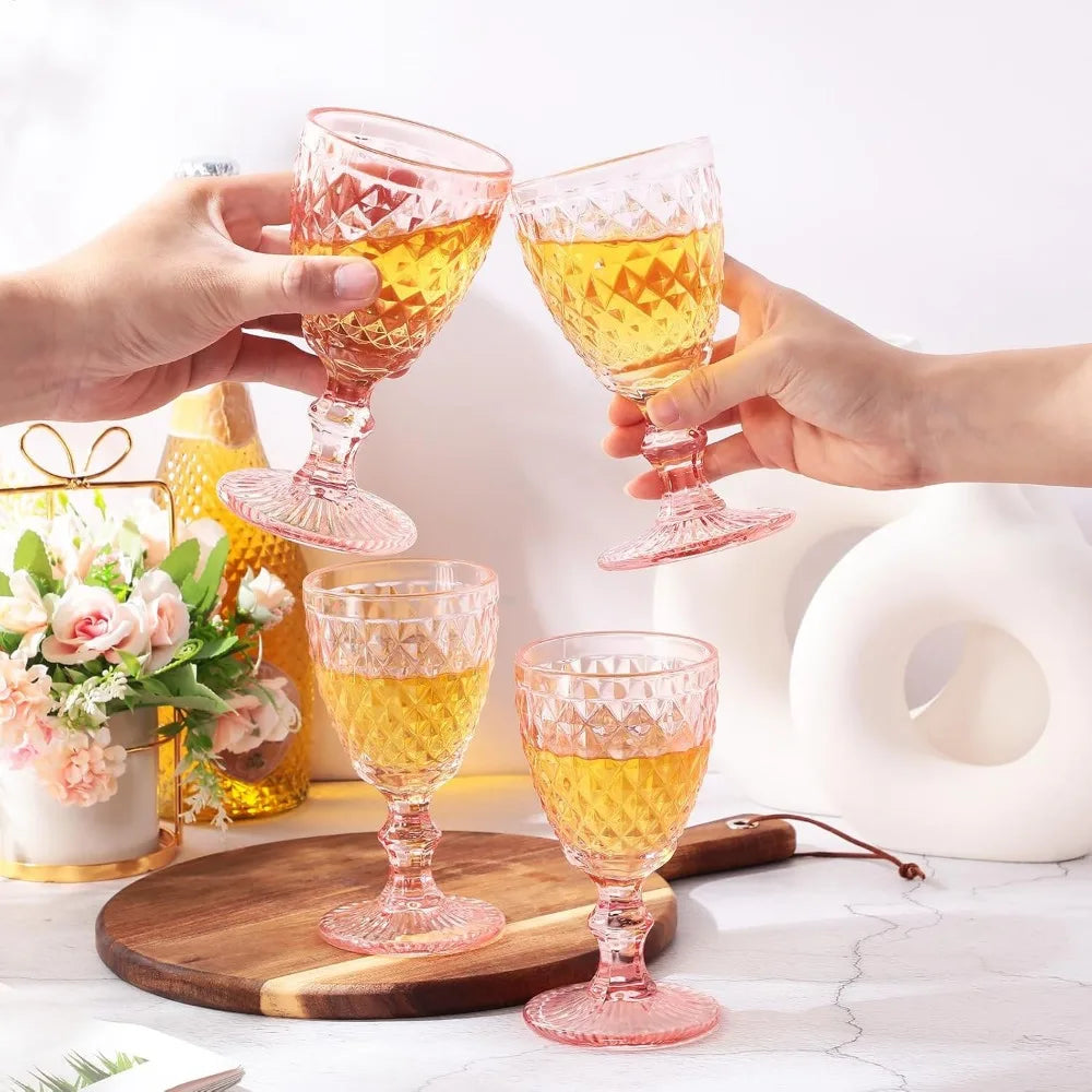 Pink Wine Glass Set 12 Piece 8 oz Embossed Goblets