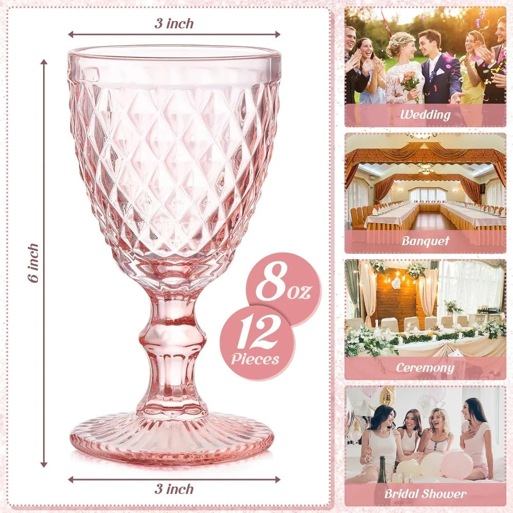 Pink Wine Glass Set 12 Piece 8 oz Embossed Goblets