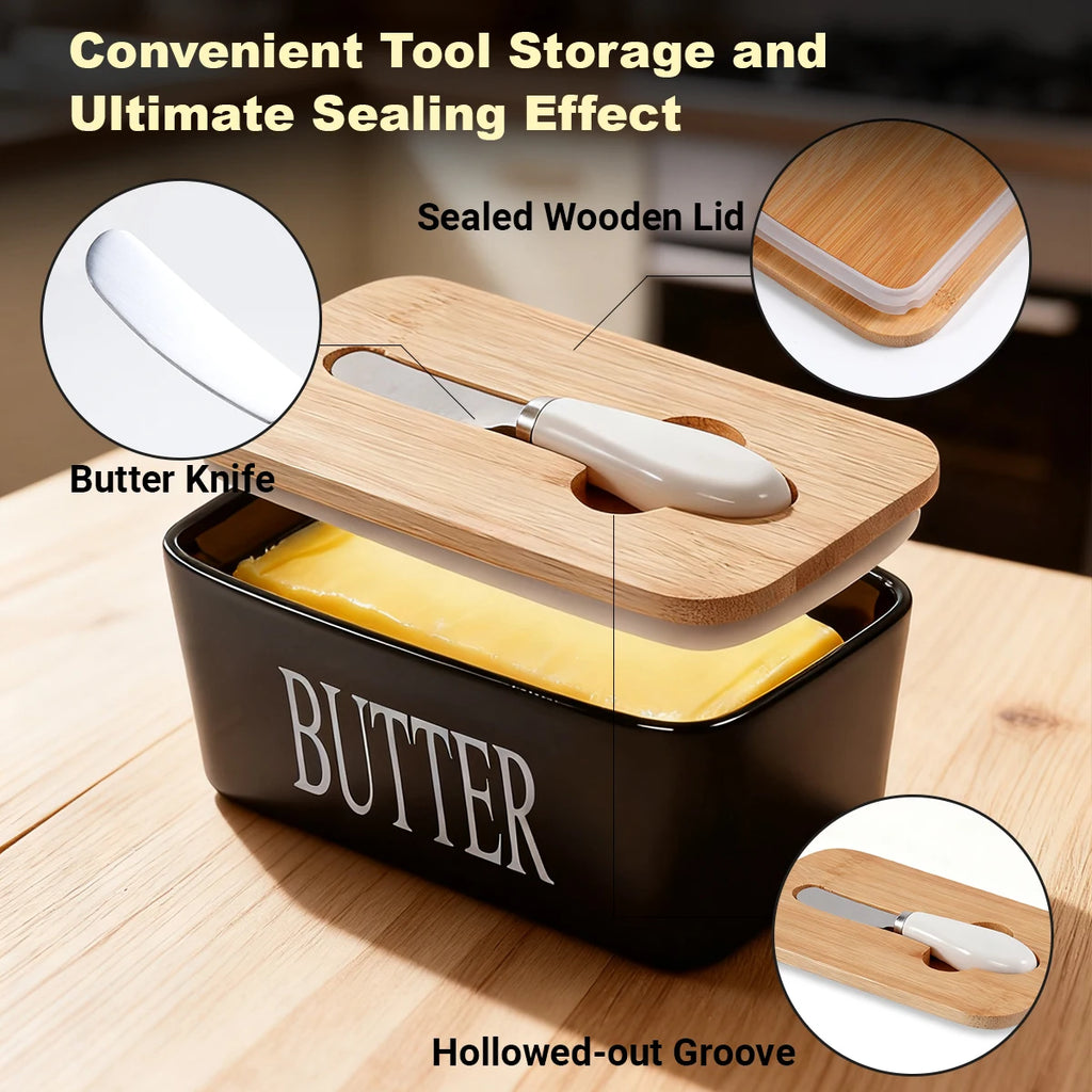 Ceramic Butter Dish Set With Bamboo Lid And Knife