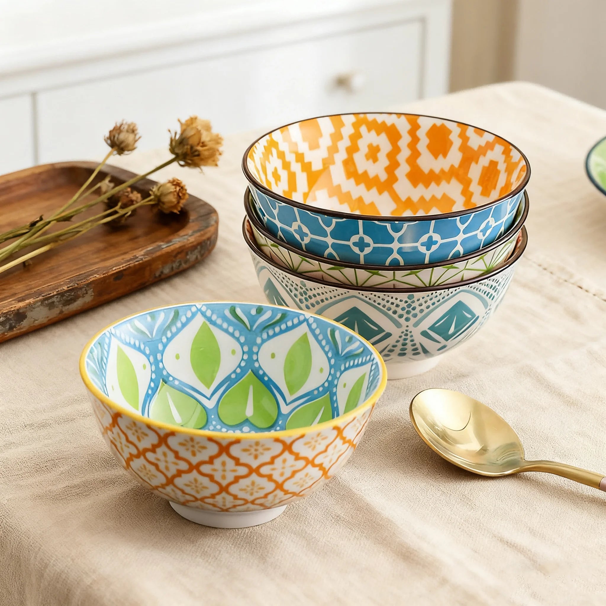 Bohemian Ceramic Bowl Set 4-Piece Dishwasher Safe