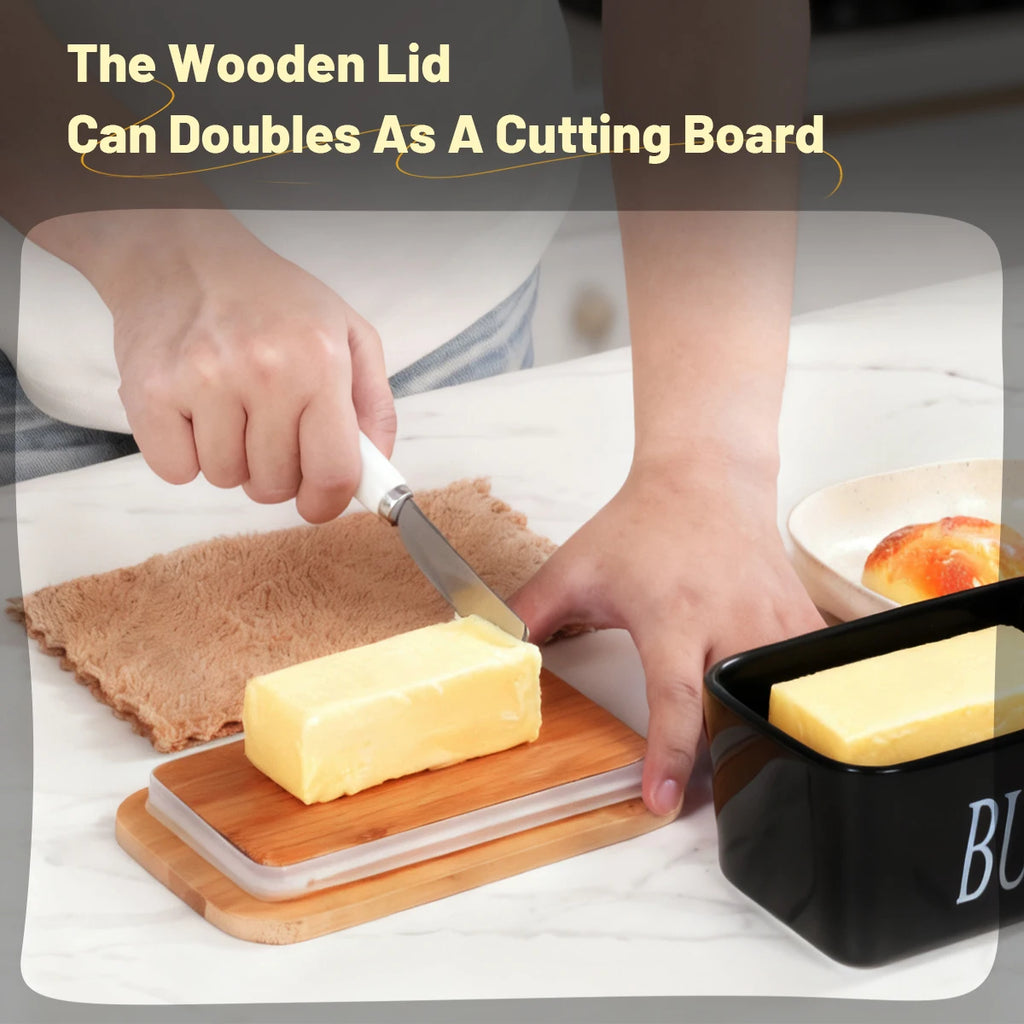 Ceramic Butter Dish Set With Bamboo Lid And Knife