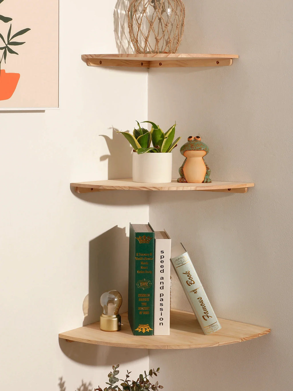 Burlywood Wood Corner Shelf for Living Room Storage