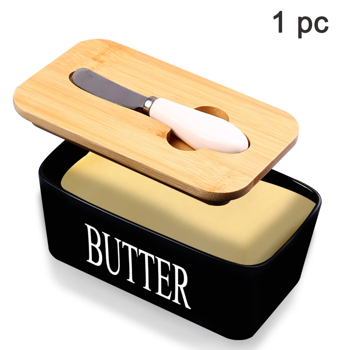 Ceramic Butter Dish Set With Bamboo Lid And Knife