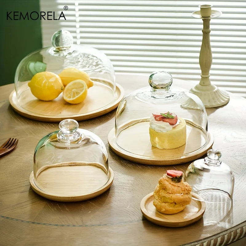 Bamboo Cake Stand by KEMORELA with Clear Glass Lid