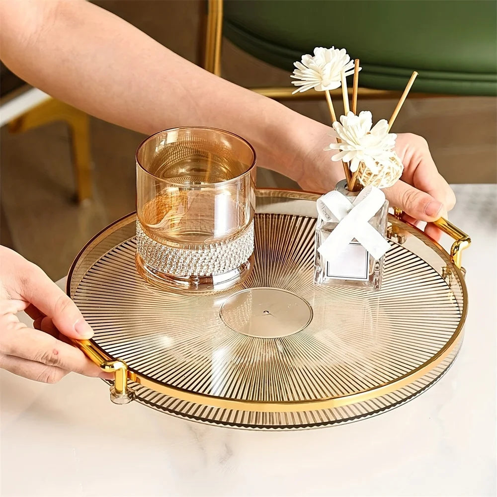 Transparent Rotating Tray with Handle for Cosmetics and Snacks