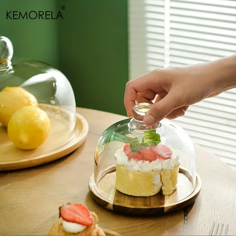Bamboo Cake Stand by KEMORELA with Clear Glass Lid