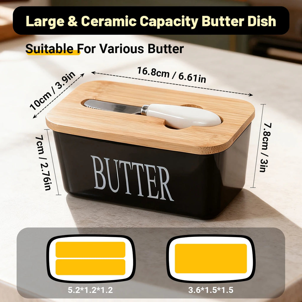 Ceramic Butter Dish Set With Bamboo Lid And Knife