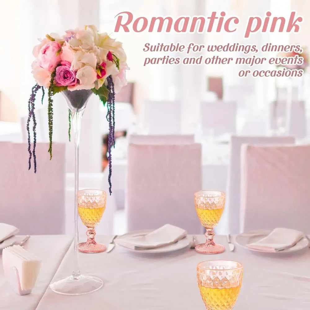 Pink Wine Glass Set 12 Piece 8 oz Embossed Goblets