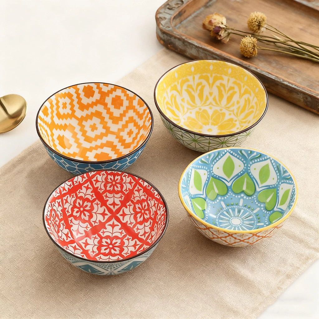 Bohemian Ceramic Bowl Set 4-Piece Dishwasher Safe