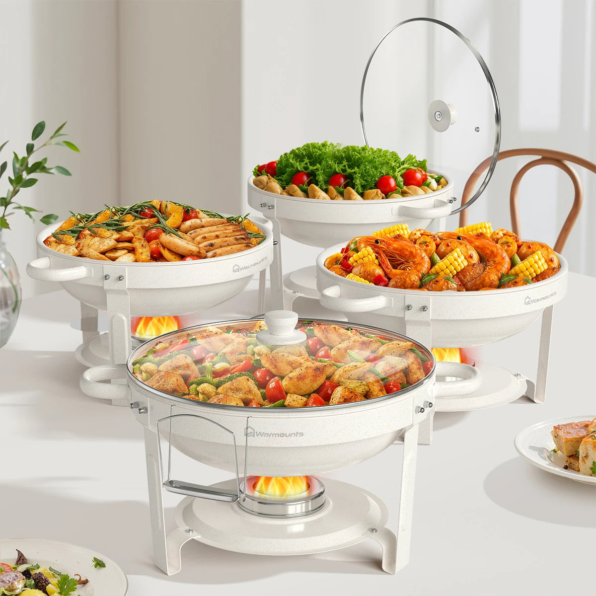 5QT White Round Chafing Dish Set with Glass Lid