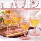 Pink Wine Glass Set 12 Piece 8 oz Embossed Goblets