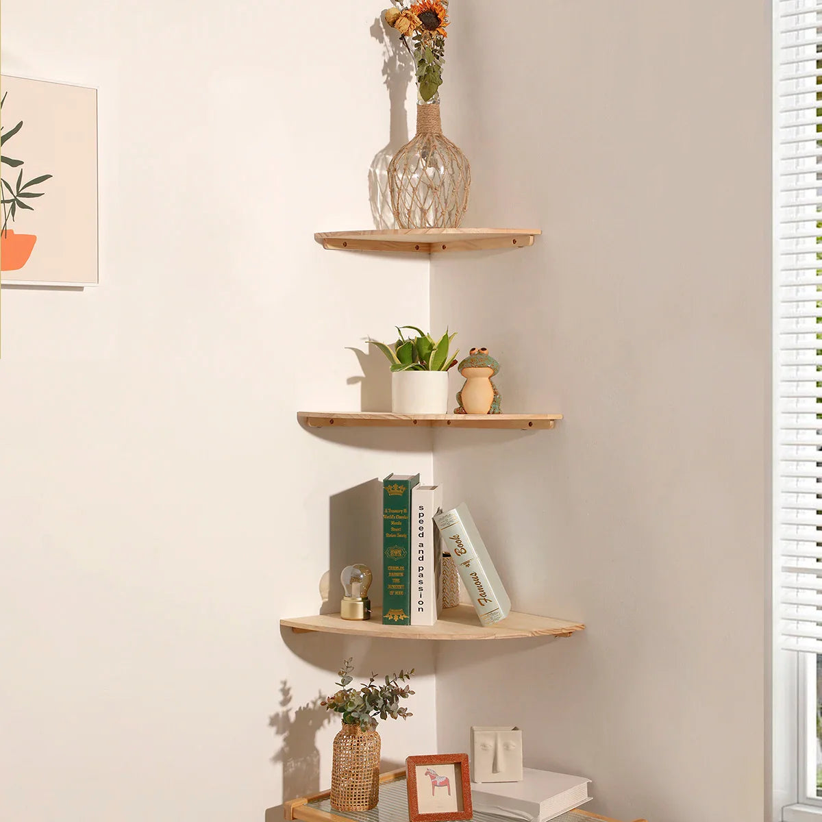 Burlywood Wood Corner Shelf for Living Room Storage