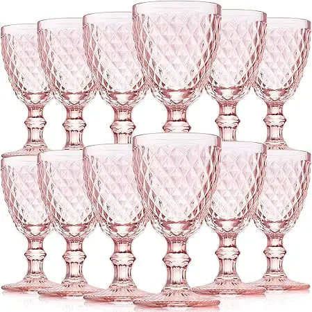 Pink Wine Glass Set 12 Piece 8 oz Embossed Goblets