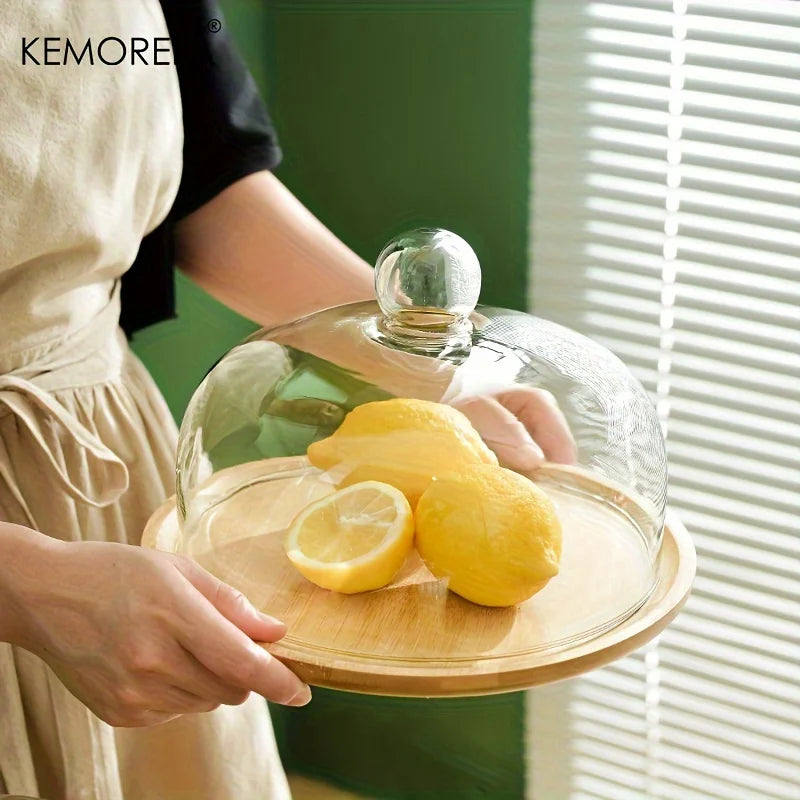 Bamboo Cake Stand by KEMORELA with Clear Glass Lid