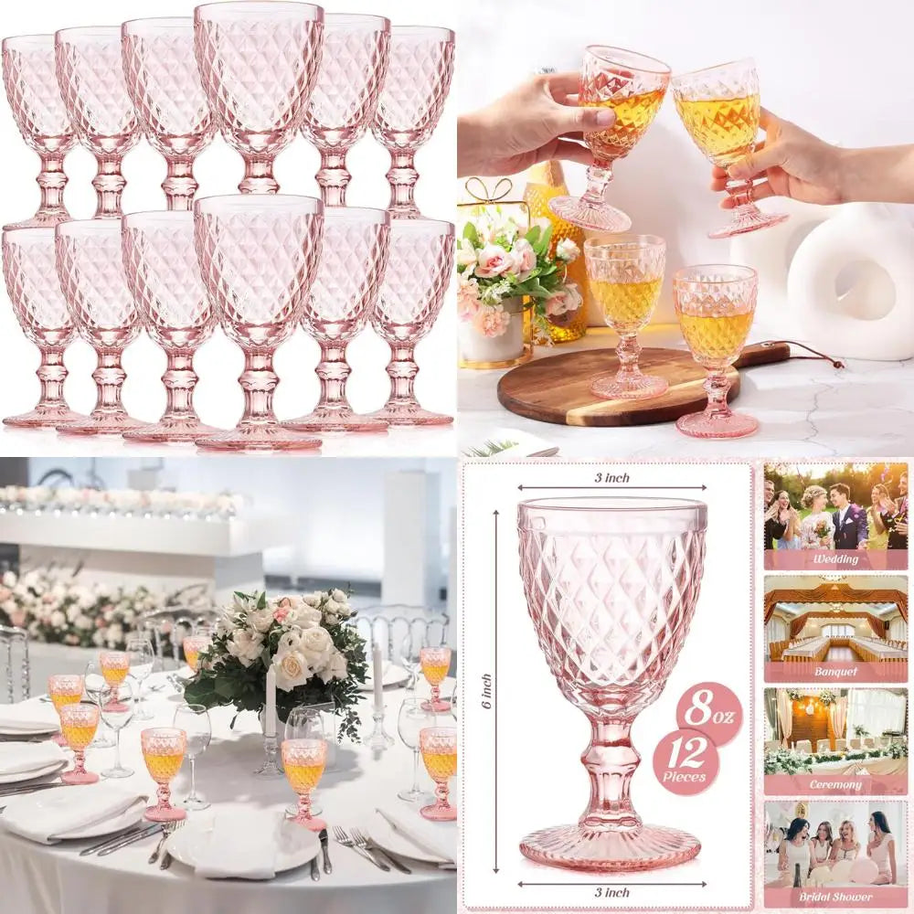 Pink Wine Glass Set 12 Piece 8 oz Embossed Goblets
