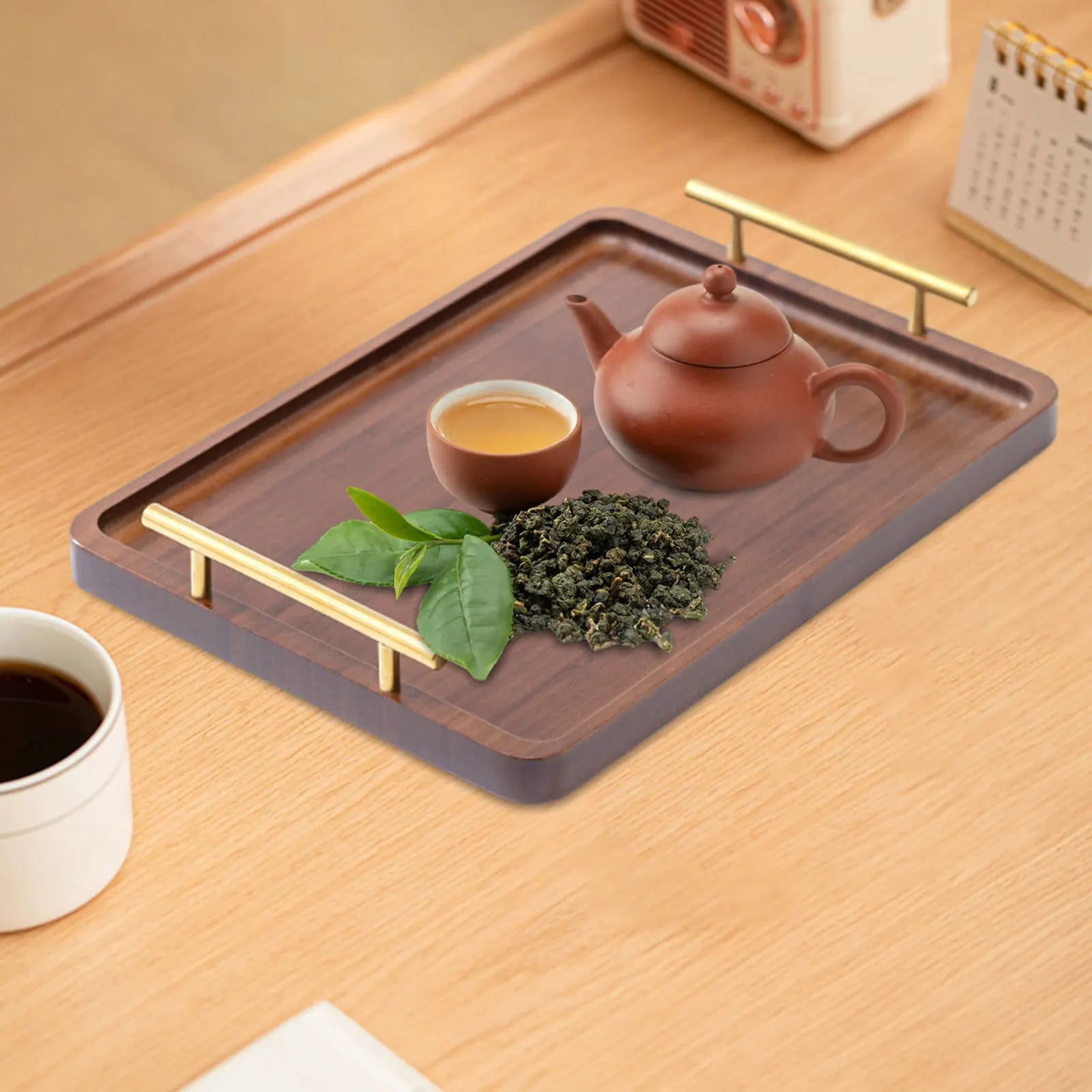 Wooden Serving Tray with Metal Handles for Tea and Snacks