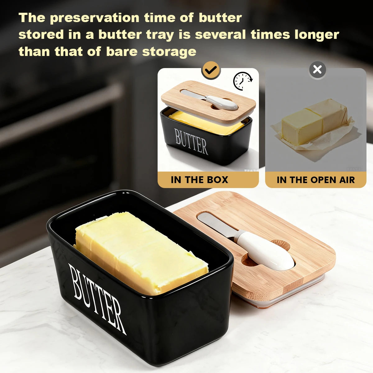 Ceramic Butter Dish Set With Bamboo Lid And Knife