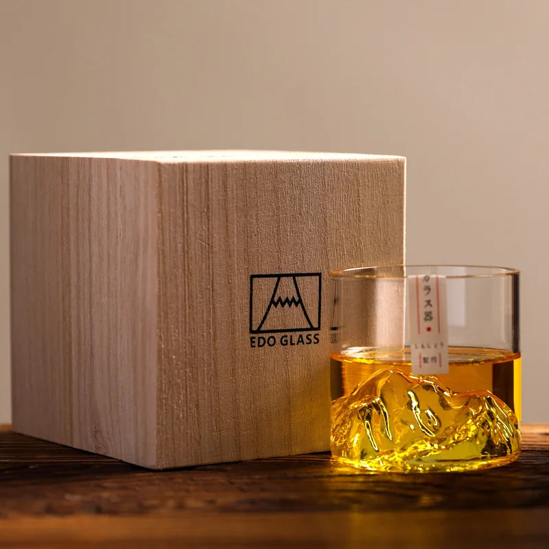 3D Mountain Whiskey Glass with Wooden Gift Box