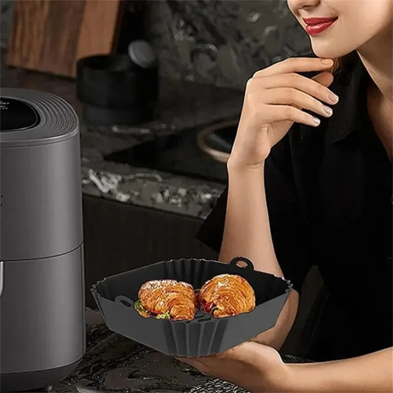 Silicone Air Fryer Pot Tray with Handle, Square Baking Pan