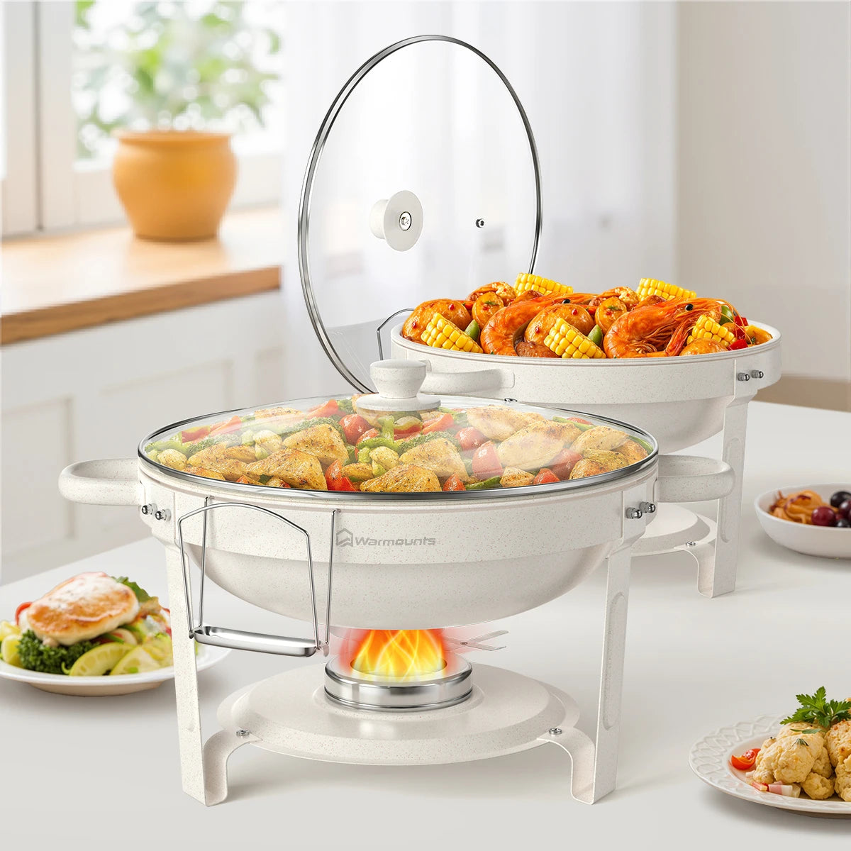 5QT White Round Chafing Dish Set with Glass Lid